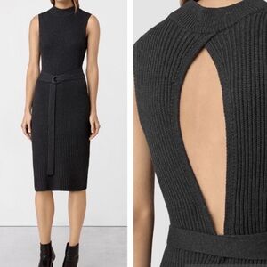 100% Cotton All Saints Grey Sleeveless Ribbed Midi Dress with Waist Tie